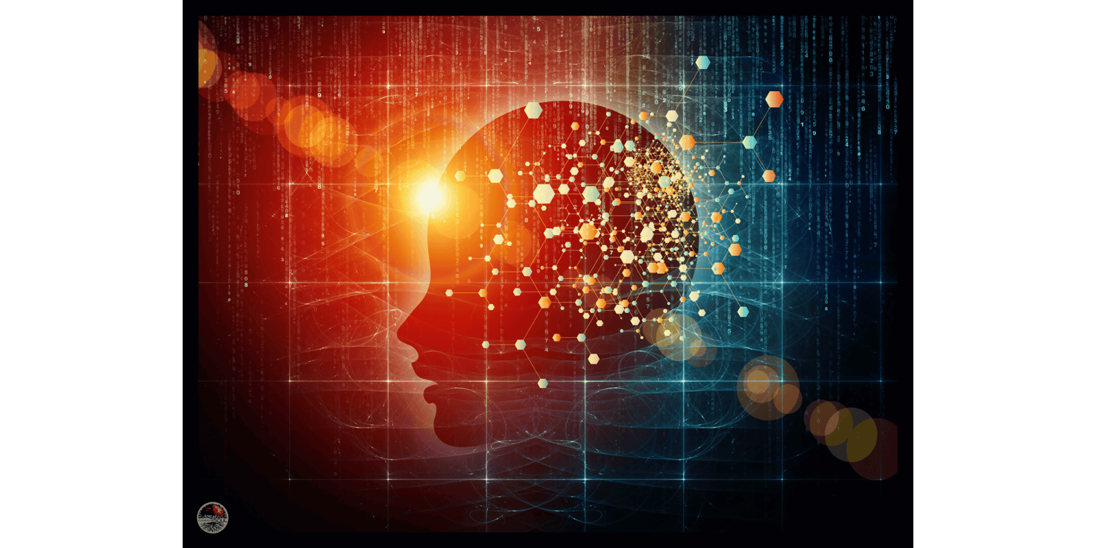 A silhouette of a human head filled with colorful geometric shapes and light effects, representing ideas and technology against a digital background.