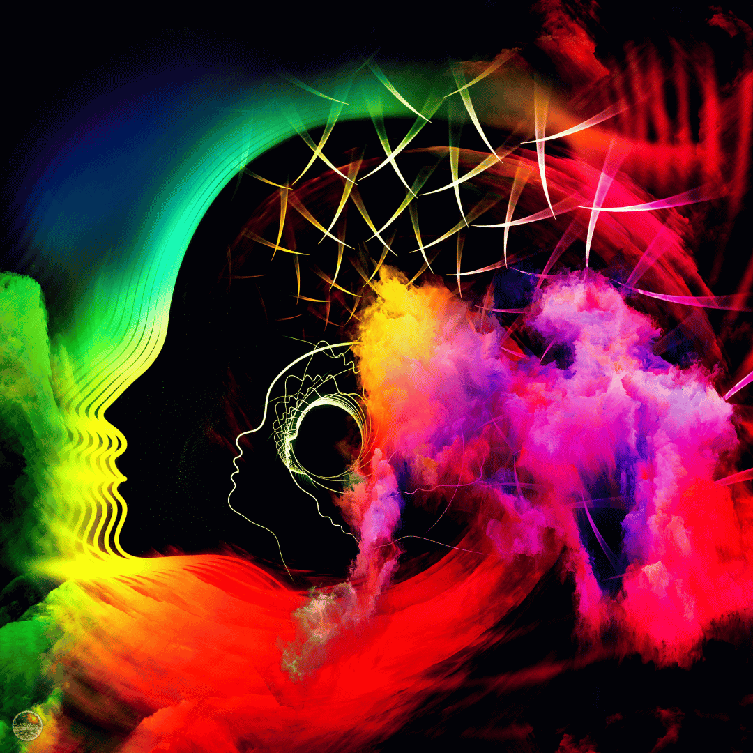 Abstract artwork featuring vibrant colors: green, yellow, red, and purple. Silhouettes of faces with swirling patterns and cloud-like textures evoke a sense of imagination.