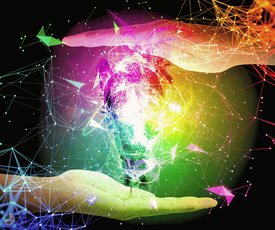 Two hands surround a bright, neon multicolored light bulb, emitting a web of connected lines on a dark background, symbolizing creativity and innovation.