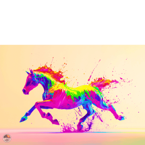 A colorful, abstract depiction of a horse running, with vibrant splashes of paint in neon colors.